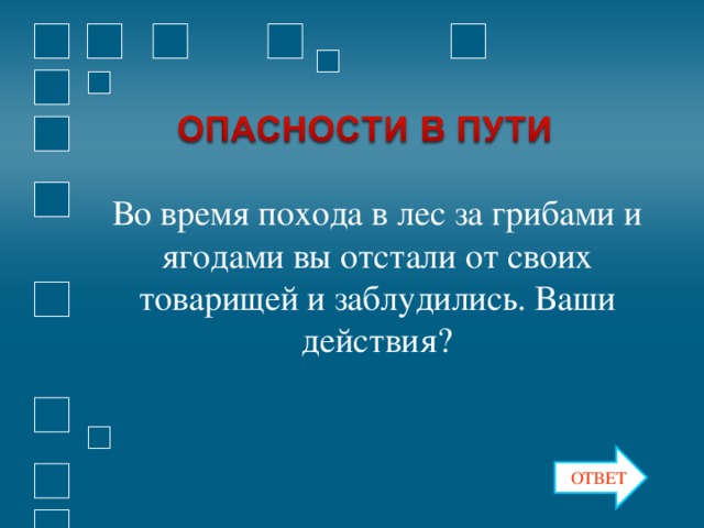 Во время похода в лес за грибами и ягодами вы отстали от своих товарищей и заблудились. Ваши действия? ОТВЕТ