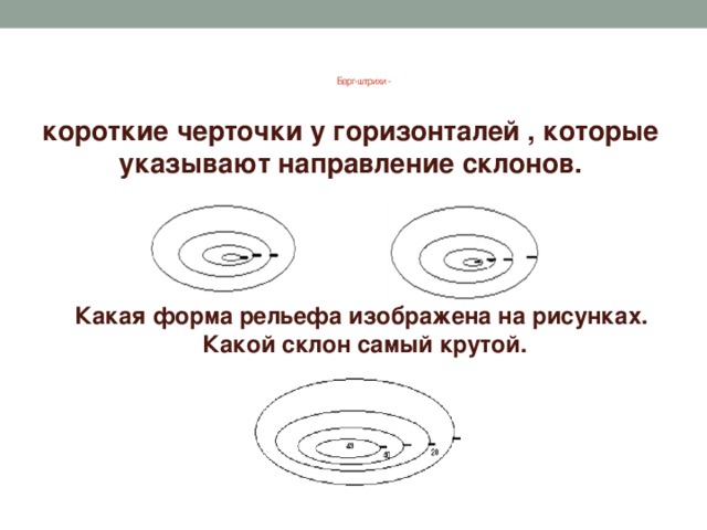 Какая форма рельефа изображена на рисунках. Какой склон самый крутой.     Берг-штрихи -      короткие черточки у горизонталей , которые указывают направление склонов.