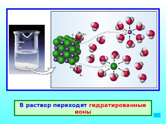 В раствор переходят гидратированные ионы