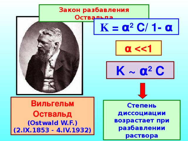 Закон разбавления Оствальда K = α 2 C/ 1- α α  1 K ~ α 2 C Вильгельм Оствальд  (Ostwald W.F.) (2.IX.1853 - 4.IV.1932)  Степень диссоциации возрастает при разбавлении раствора