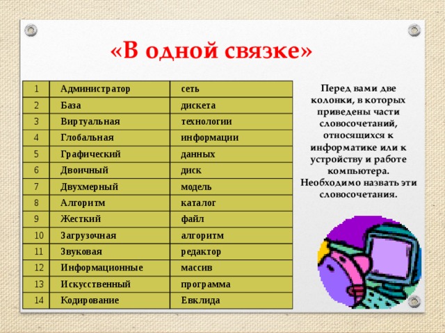 «В одной связке» Перед вами две колонки, в которых приведены части словосочетаний, относящихся к информатике или к устройству и работе компьютера. Необходимо назвать эти словосочетания. 1 Администратор 2 сеть База 3 Виртуальная дискета 4 5 Глобальная технологии Графический 6 информации данных Двоичный 7 Двухмерный диск 8 9 Алгоритм модель Жесткий каталог 10 файл Загрузочная 11 Звуковая алгоритм 12 13 Информационные редактор Искусственный массив 14 программа Кодирование Евклида