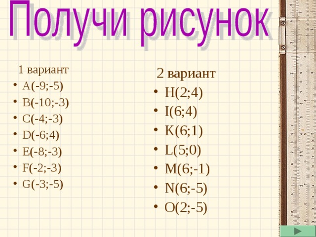 1 вариант А(-9;-5) В(-10;-3) С(-4;-3) D(-6;4) Е(-8;-3) F(-2;-3) G(-3;-5)  2 вариант