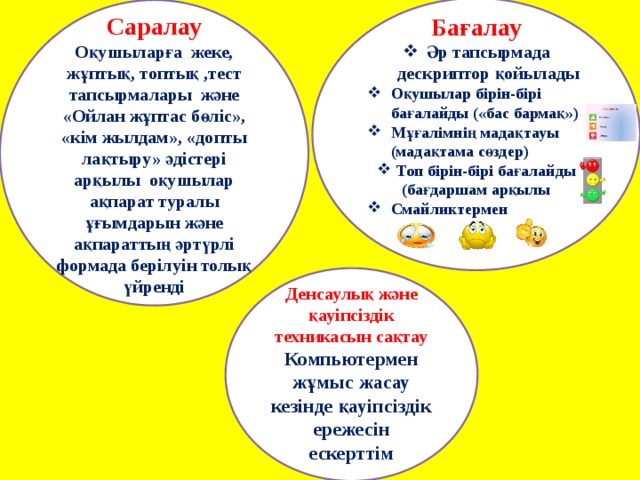 Бағалау Әр тапсырмада дескриптор қойылады Оқушылар бірін-бірі бағалайды («бас бармақ») Мұғалімнің мадақтауы (мадақтама сөздер) Топ бірін-бірі бағалайды (бағдаршам арқылы Смайликтермен    Саралау Оқушыларға жеке, жұптық, топтық ,тест тапсырмалары және «Ойлан жұптас бөліс», «кім жылдам», «допты лақтыру» әдістері арқылы оқушылар ақпарат туралы ұғымдарын және ақпараттың әртүрлі формада берілуін толық үйренді  Денсаулық және қауіпсіздік техникасын сақтау Компьютермен жұмыс жасау кезінде қауіпсіздік ережесін ескерттім