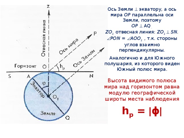 Ось Земли  экватору, а ось мира OP параллельна оси Земли, поэтому  OP   AQ .  ZO 1 отвесная линия: ZO 1   SN.  PON =  AOO 1  , т.к. стороны углов взаимно перпендикулярны .  Аналогично и для Южного полушария, из которого виден Южный полюс мира. Высота видимого полюса мира над горизонтом равна модулю географической широты места наблюдения  h p =  ϕ 