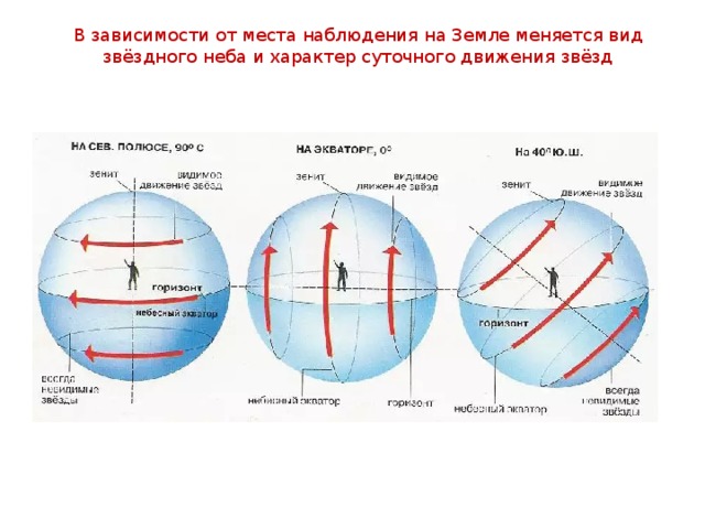 В зависимости от места наблюдения на Земле меняется вид звёздного неба и характер суточного движения звёзд