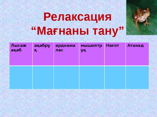 Релаксация “ Мағнаны тану” Лысаж ақаб ақабрұқ арднамалас мышоптрұқ Нағот Атанад