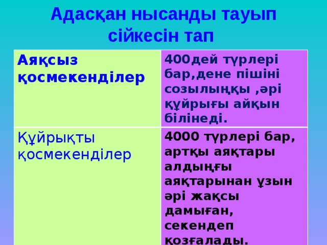 Адасқан нысанды тауып сійкесін тап Аяқсыз қосмекенділер 400дей түрлері бар,дене пішіні созылыңқы ,әрі құйрығы айқын білінеді. Құйрықты қосмекенділер 4000 түрлері бар, артқы аяқтары алдыңғы аяқтарынан ұзын әрі жақсы дамыған, секендеп қозғалады. Құйрықсыз қосмекенділер Сыртқы бейнесі құртқа жіне жыланға ұқсас, аяқтары жойылған денесі сақина тәрізді.