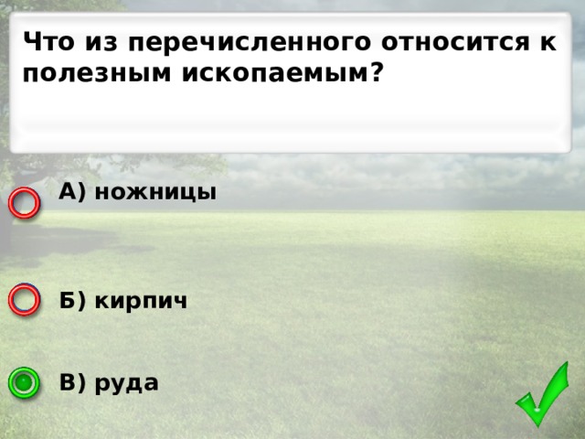 Что из перечисленного относится к полезным ископаемым? А) ножницы    Б) кирпич   В) руда