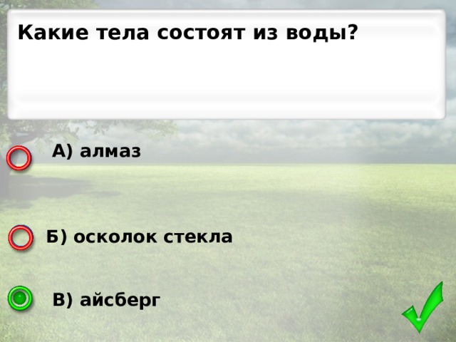 Какие тела состоят из воды?  А) алмаз    Б) осколок стекла    В) айсберг