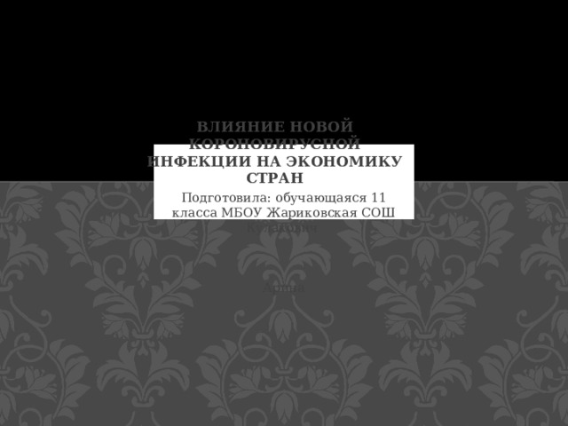 Влияние новой короновирусной инфекции на экономику стран Подготовила: обучающаяся 11 класса МБОУ Жариковская СОШ Кулакович Арина