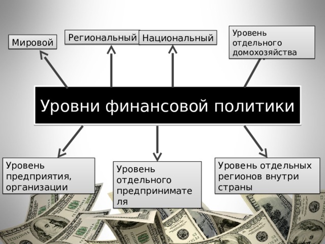 Уровень отдельного домохозяйства Региональный Национальный Мировой Уровни финансовой политики Уровень отдельных регионов внутри страны Уровень предприятия, организации Уровень отдельного предпринимателя