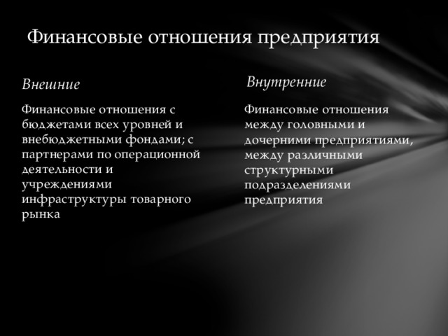 Финансовые отношения предприятия Внутренние Внешние Финансовые отношения между головными и дочерними предприятиями, между различными структурными подразделениями предприятия Финансовые отношения с бюджетами всех уровней и внебюджетными фондами; с партнерами по операционной деятельности и учреждениями инфраструктуры товарного рынка