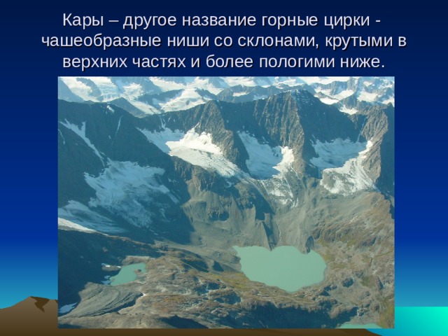 Кары – другое название горные цирки - чашеобразные ниши со склонами, крутыми в верхних частях и более пологими ниже.