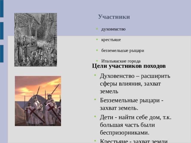 Участники  духовенство крестьяне безземельные рыцари Итальянские города Цели участников походов