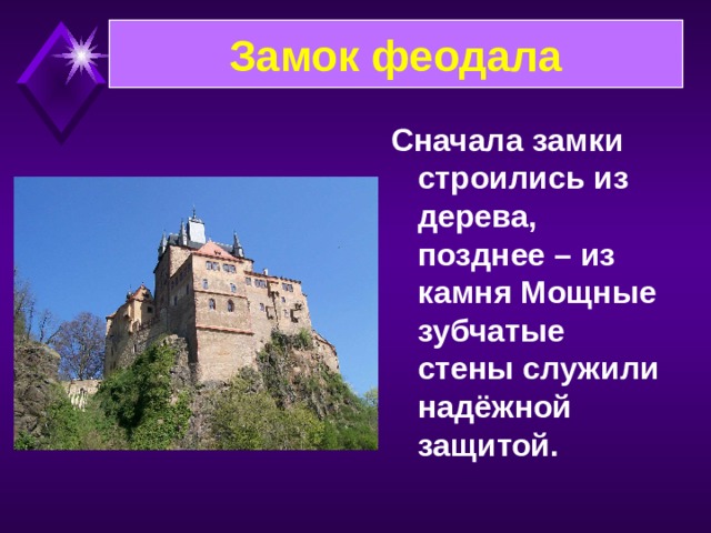 Замок феодала Сначала замки строились из дерева, позднее – из камня Мощные зубчатые стены служили надёжной защитой.